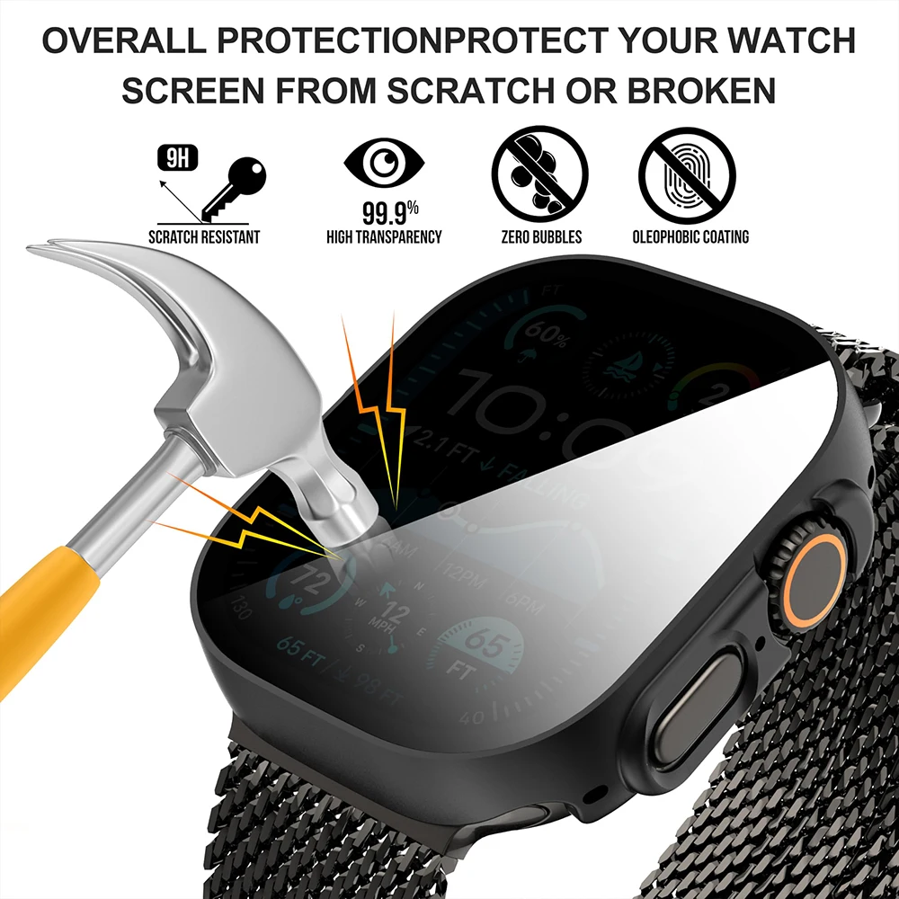 Privacy Tempered Glass+ case for Apple Watch ultra 49mm Anti-Spy Screen Protector Cover iWatch series  Ultra 2 49 mm Accessories