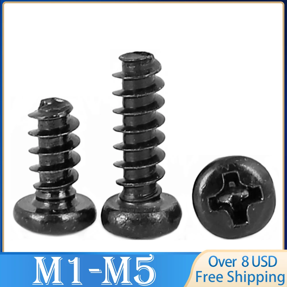 100pcs Mini Phillips Cross Recessed Pan Head Self-tapping Screw M1 M1.2 M1.4 M1.7 M2 M2.3 M2.6 M3 M3.5 M4 M5 Black Carbon Steel