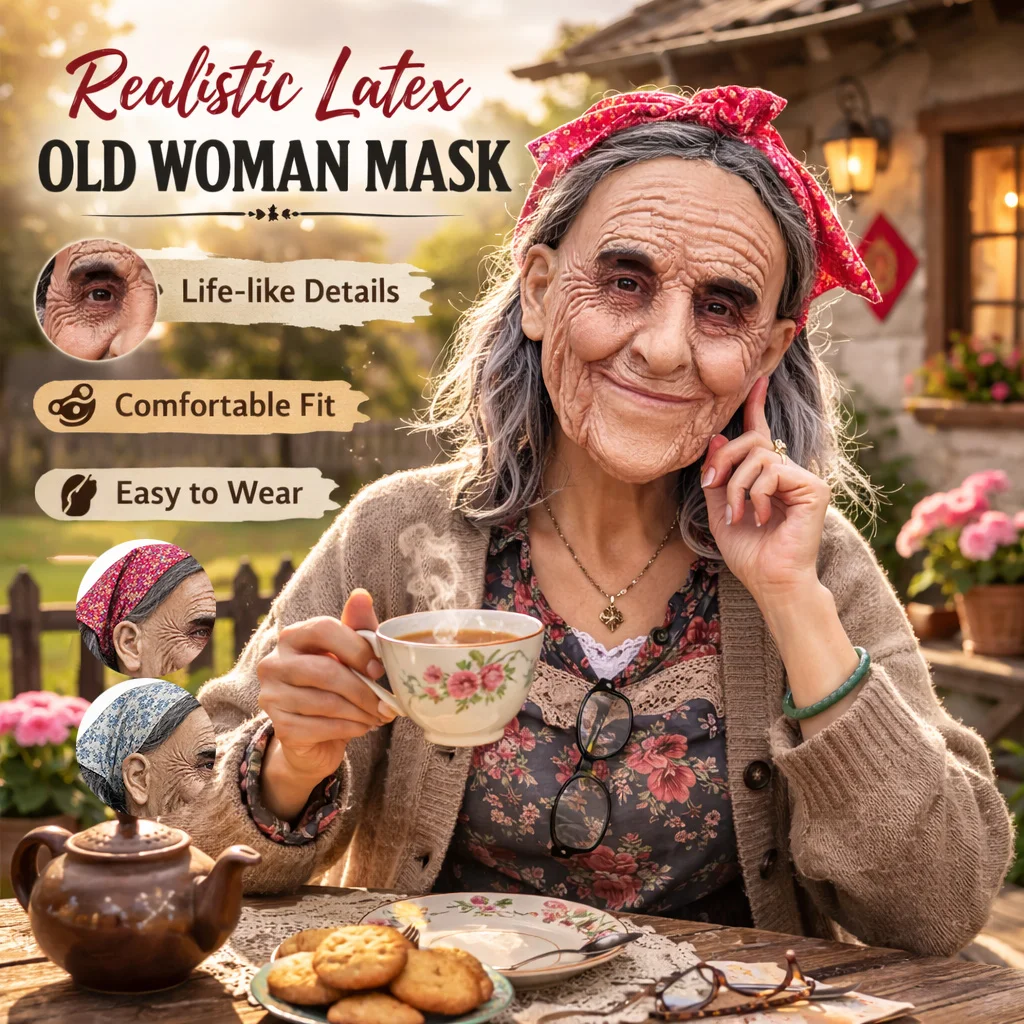 Funny Old Granny Mask Halloween Costume Party Prank Scary Wrinkled Old People Cosplay Mask Headscarf Color Is Random