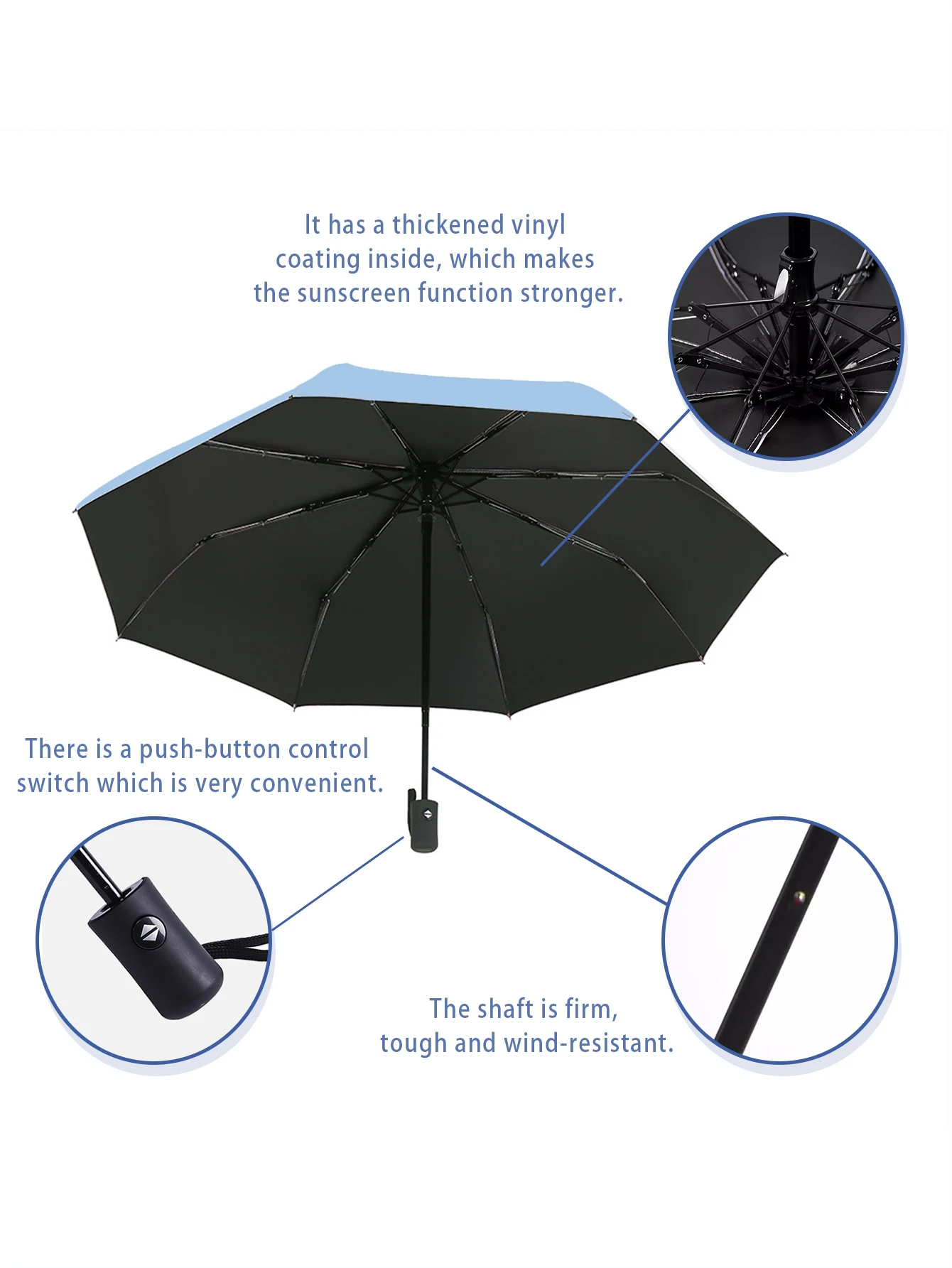 Automatischer, hochwertiger Regenschirm mit 8 Rippen – One-Touch-Öffnen/Schließen, kompaktes, faltbares Design für Männer und Frauen, Marineblau und Schwarz, Business & – Detail 15