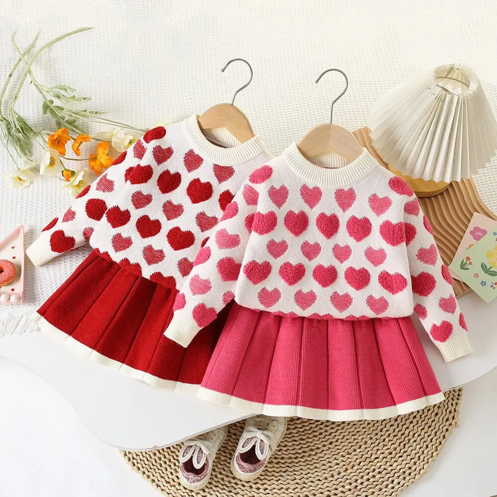 

Girls Knitted Clothes Sets Spring Autumn Children Woolen Jersey Sweaters Tops Skirts Party Dress Suit For Baby Outfits Kids 5 6Y