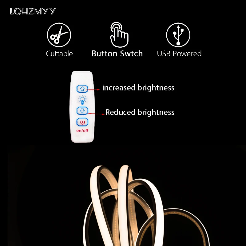 Low Voltage 5V, Usb-Powered Cob Neon Led Light Strip, with Three-Button Switch, Can Control Light Brightness, Waterproof Flexible Led Strip, Suitable for Cabinet, Wardrobe, Sofa, Bed Edge Lighting, Bedroom Ceiling, Hal - view 3