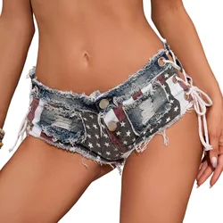 2023 Summer New Women's Flag Print Sexy Low Waist Holes Bandage Rip Jeans Shorts Beach Style