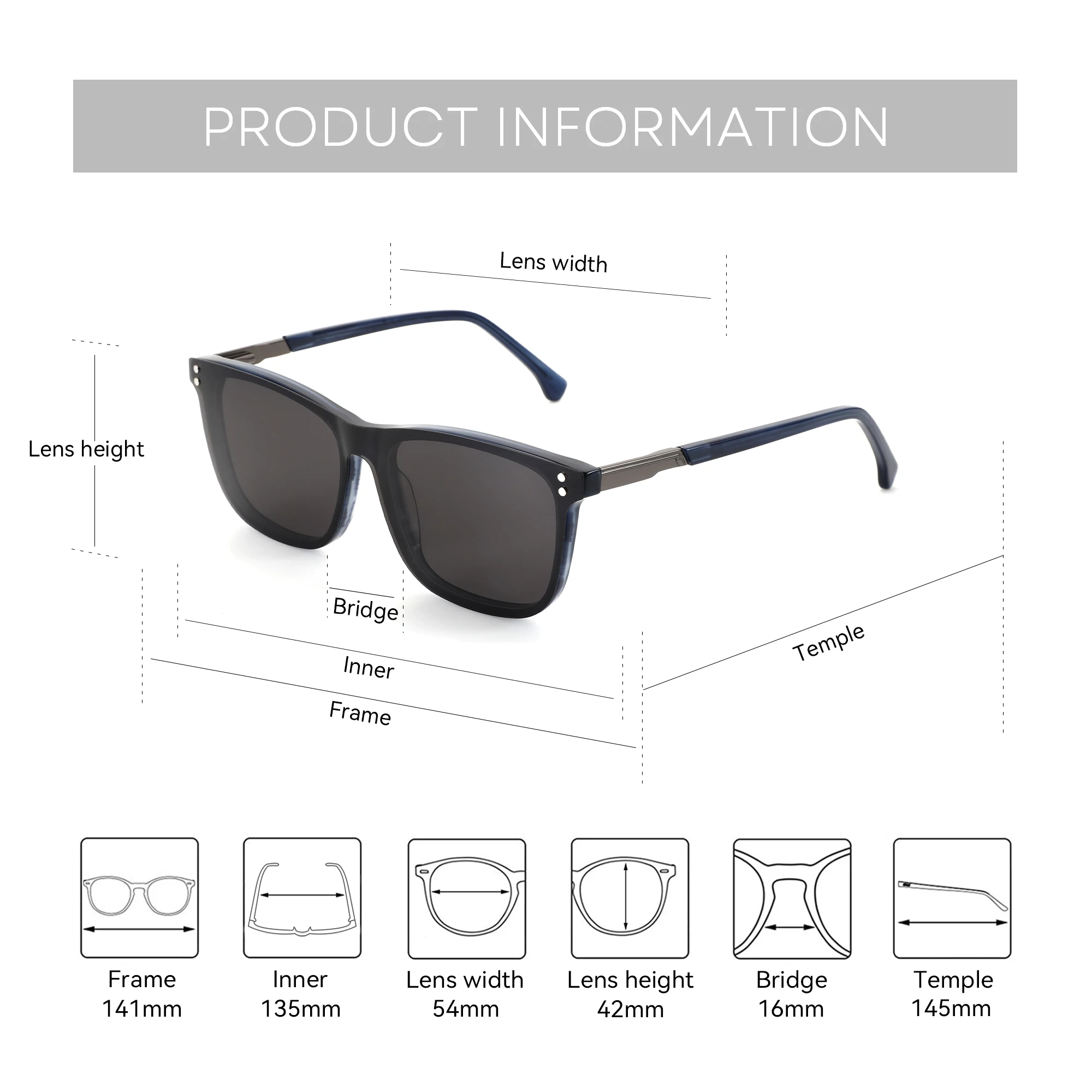 BLUEMOKY (مقاس L) نظارات طبية مربعة للرجال من الأسيتات، إطار مستقطب للنظارات الشمسية، عدسات تصحيح قصر النظر التقدمية #5