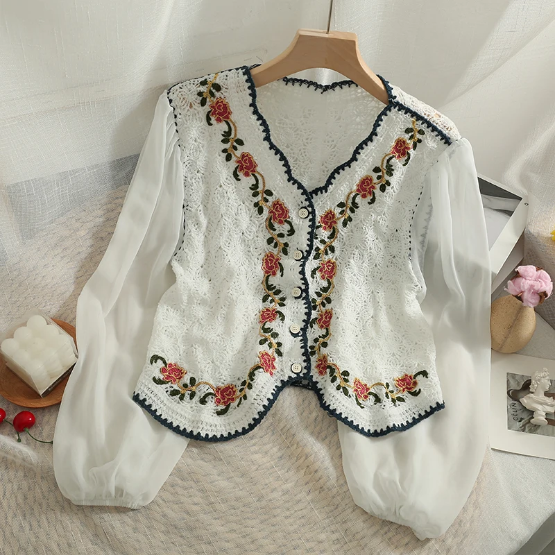 OUMEA Women Floral Embroidery Folk Style Blouse Long Chiffon Sleeve V Neck Buttons Front Going Out Beach Cover Up Tops