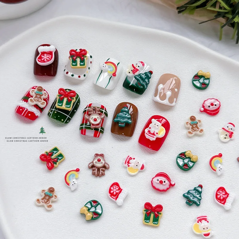 20PCS 3D Stereoscopic  Resin Noctilucent lovely Christmas Tree Snowman Santa Claus Xmas Nail Art  Manicure Ornaments DIY