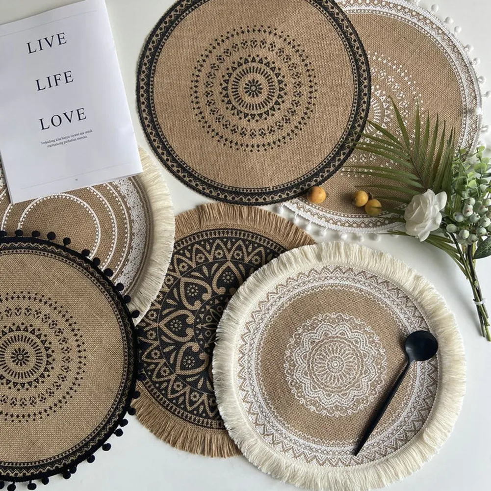 1Pcs Retro Cotton Linen Cup Coaster Decorative Mats Vase Mats Hand-Woven Carpet Pattern Cup Jute Placemats Kitchen Accessories