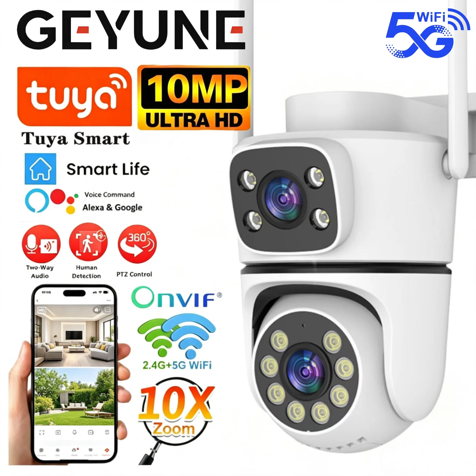 10MP Tuya 5G Wifi PTZ Camera 4K Dual Lens Dual Screen Security Camera Human Detection Outdoor Wireless Surveillance 10X Zoom Cam