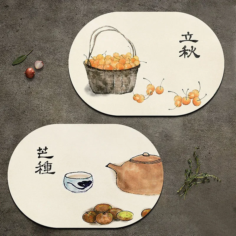 Chinese 24 Solar Terms Round Leather Placemat Waterproof Oil-Resistant Heat-Resistant Table Mats Dining Utensils Bowls