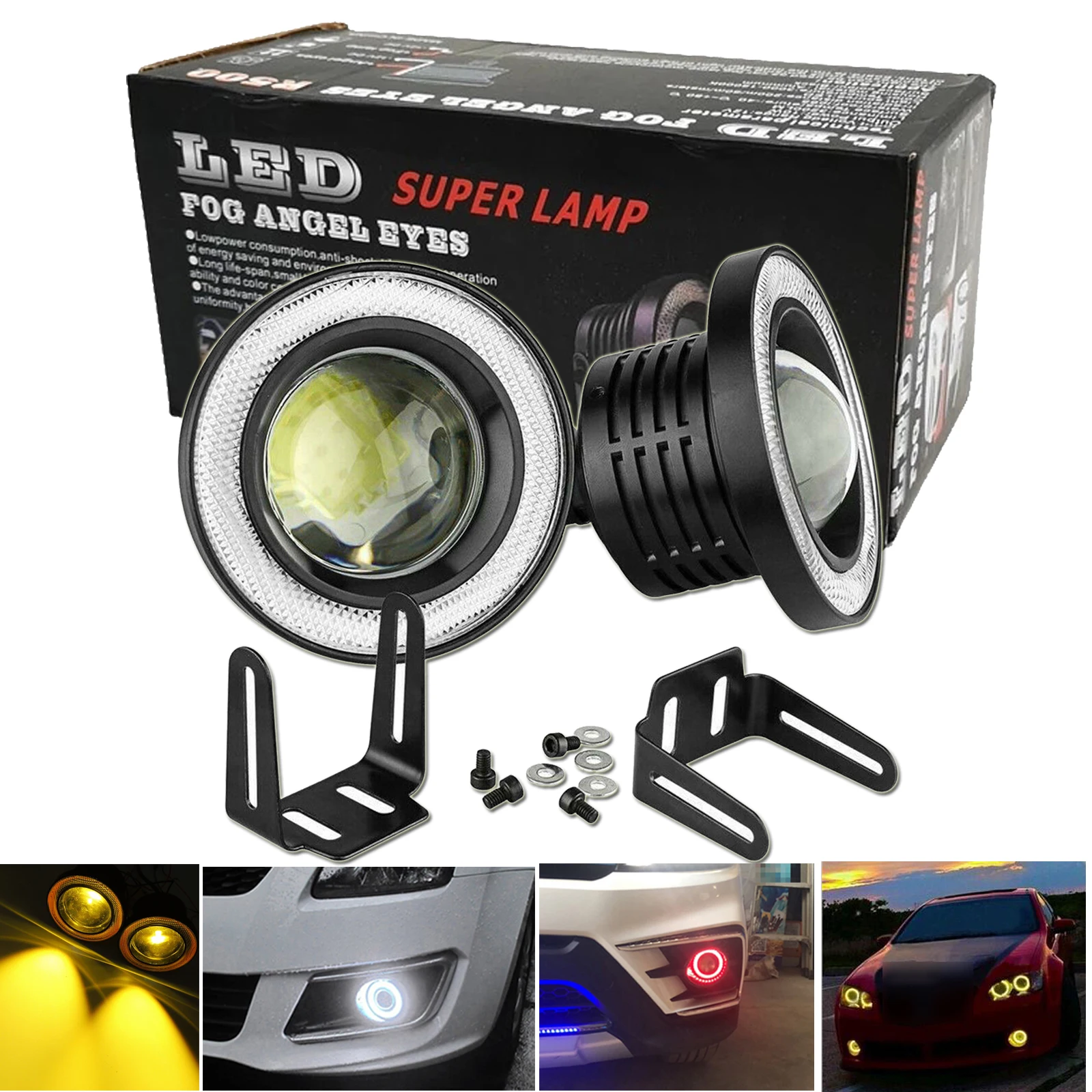 

2pcs Projector Lens High Power Yellow LED Fog Light Super Lamp with COB Angel Eyes Halo Daytime Running Light DRL Car Decoration