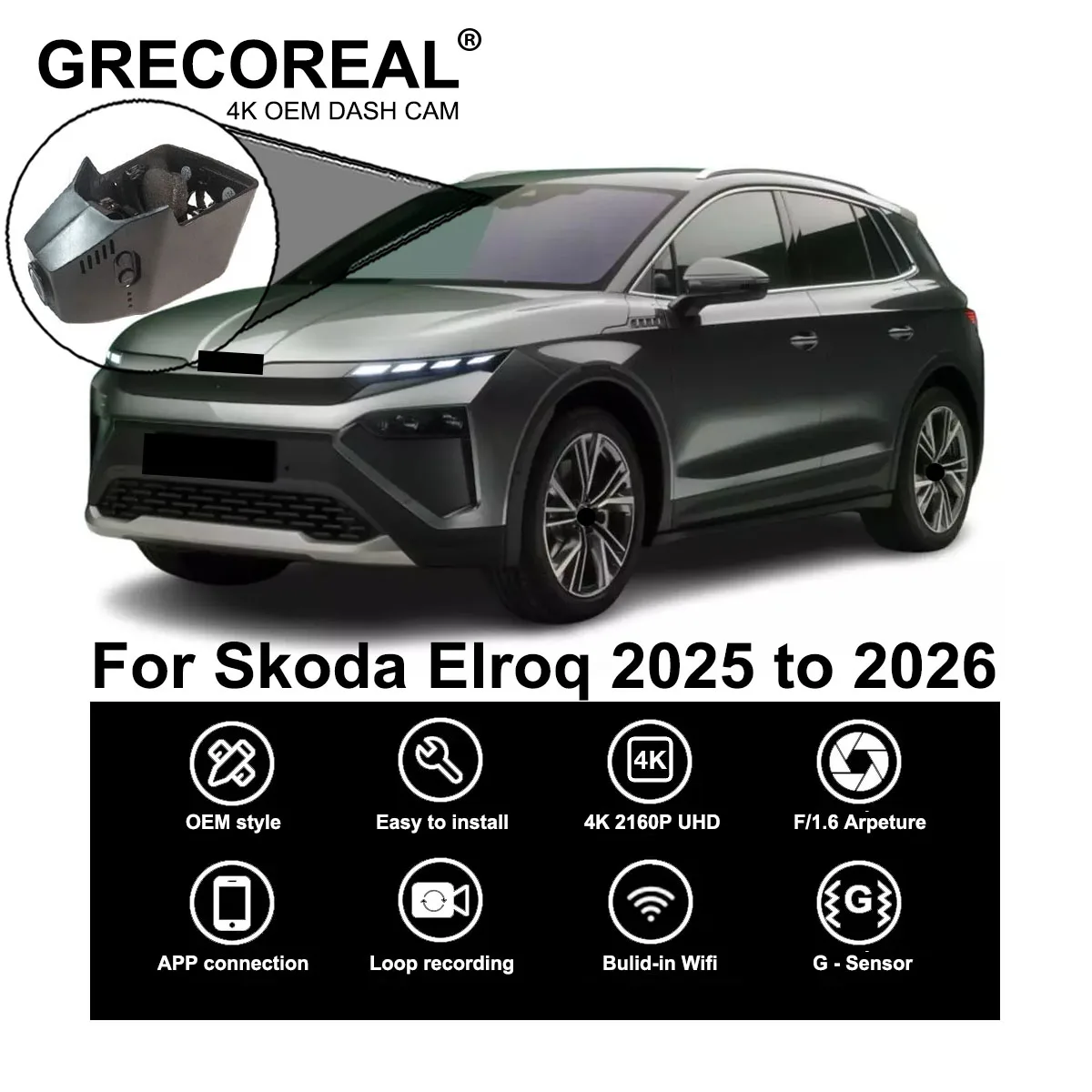 

GRECOREAL 4K Dash Cam Front Rear 2160P WiFi Dual Camera Dashcam APP Control Easy Install Plug Play Compatible with Skoda Elroq