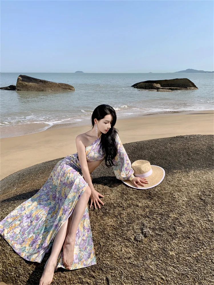 Robe longue bohème imprimée de fleurs pour femmes, robe de soirée évidée, jupe photo irrégulière, plage de vacances, été, nouveau