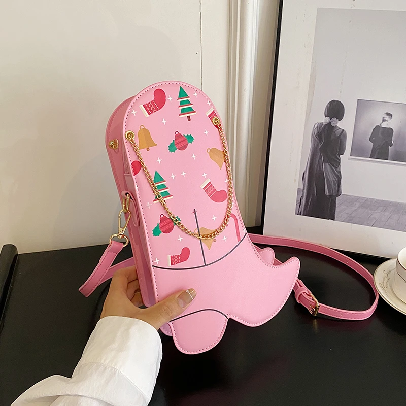 Christmas Heel Shoes Bags for Women 2023 New Quirky High Cute Cartoon Printing Crossbody Bag Fashion Leather Female Shoulder Bag