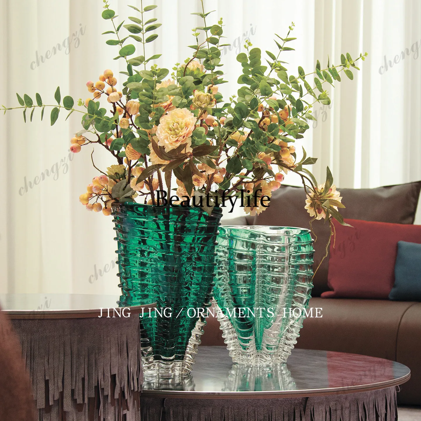 Modern light luxury green large-diameter glass vase combination ornament, entrance cabinet desk vase