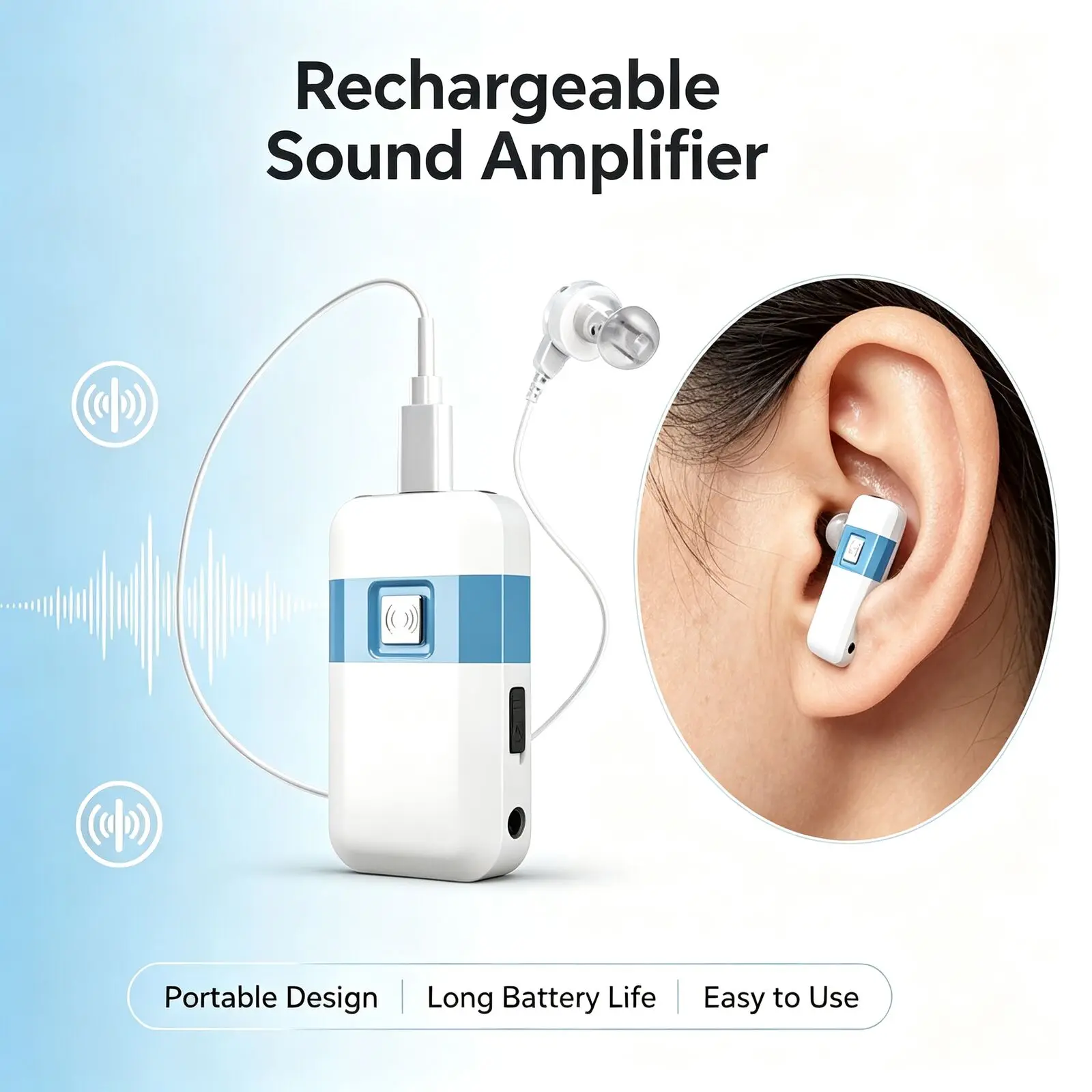 Portable Rechargeable Sound Amplifier For Elderly 80 Hours Standby Simple Physical Buttons Adjustable Volume And Easy Operation