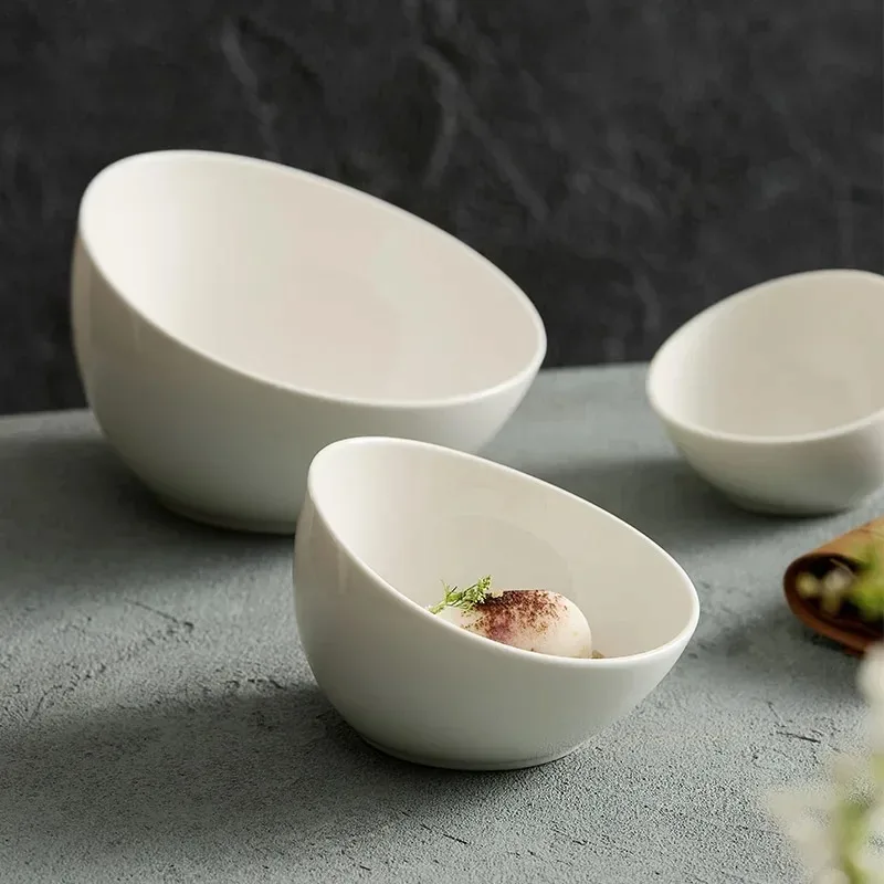 Household Ceramic Bowls, Kitchen Utensils, Salad Bowls, White Slanted Mouth Bowls, Desserts, Buffet, Side Dishes, Tableware