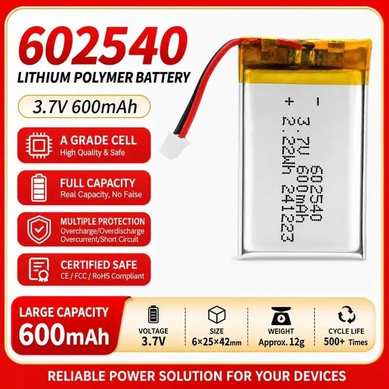 [New] 3pcs for 602540 Polymer Lithium Battery 3.7V 600mAh Battery for Handheld Packer Camping Light LED Lamp Power Supply