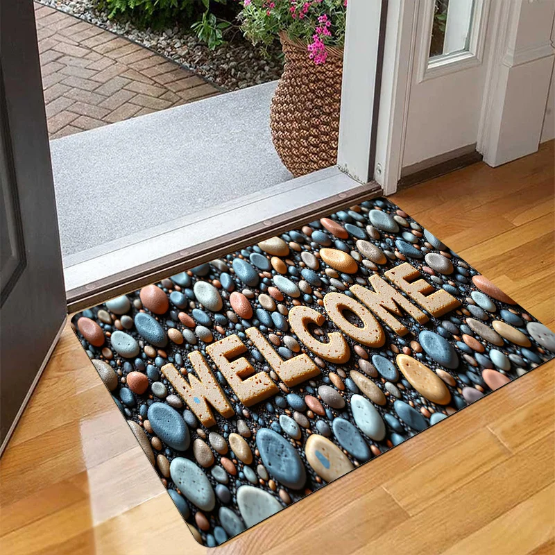 Durable Non Slip Floor Mat With 3D River Rock Motif Easy Clean Entryway Rug For Front Porch Patio And Outdoor Use