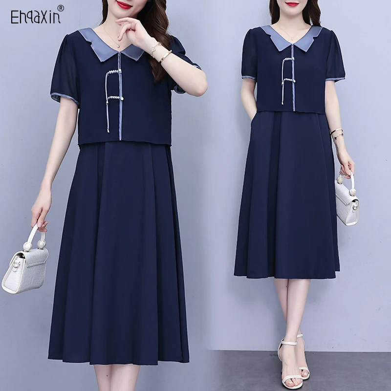 

EHQAXIN Women's Elegant Cheongsam Dress 2023 Summer New Loose Chiffon Ruffle Edge Beaded Button Short Sleeve Dresses L-5XL