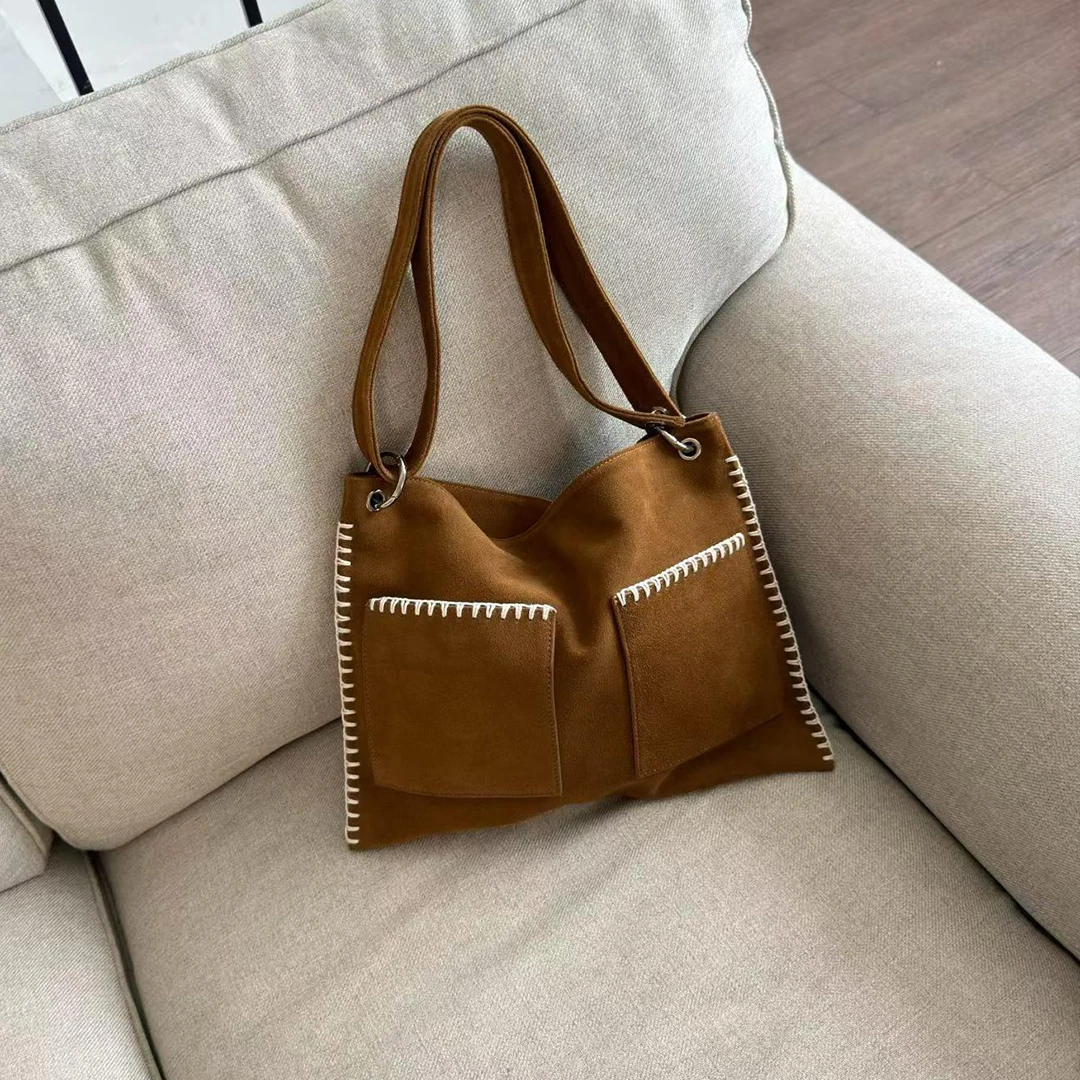 Mendy Suede Leather Shoulder Bag Women Bold White Contrast Stitching Front Pocket Silver Ring Wide Adjustable Strap Original