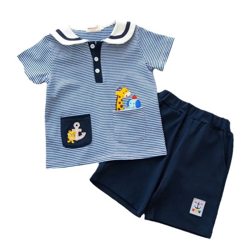 Zomer Nieuwe Kids Sets Tweedelige Broek Set Japanse Kinderkleding Kleine Beer Streep Korte Mouw Set Baby Jongen Kleding