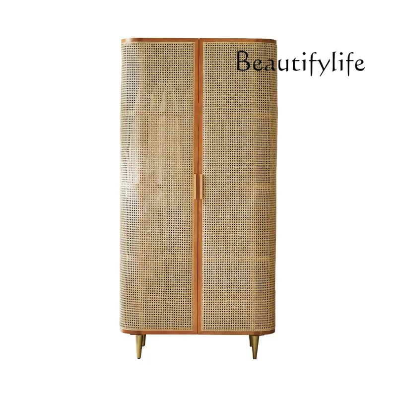 Wabi Sandy Wind Solid Wood Wardrobe Simple Rattan Double Door Large Capacity with Drawer