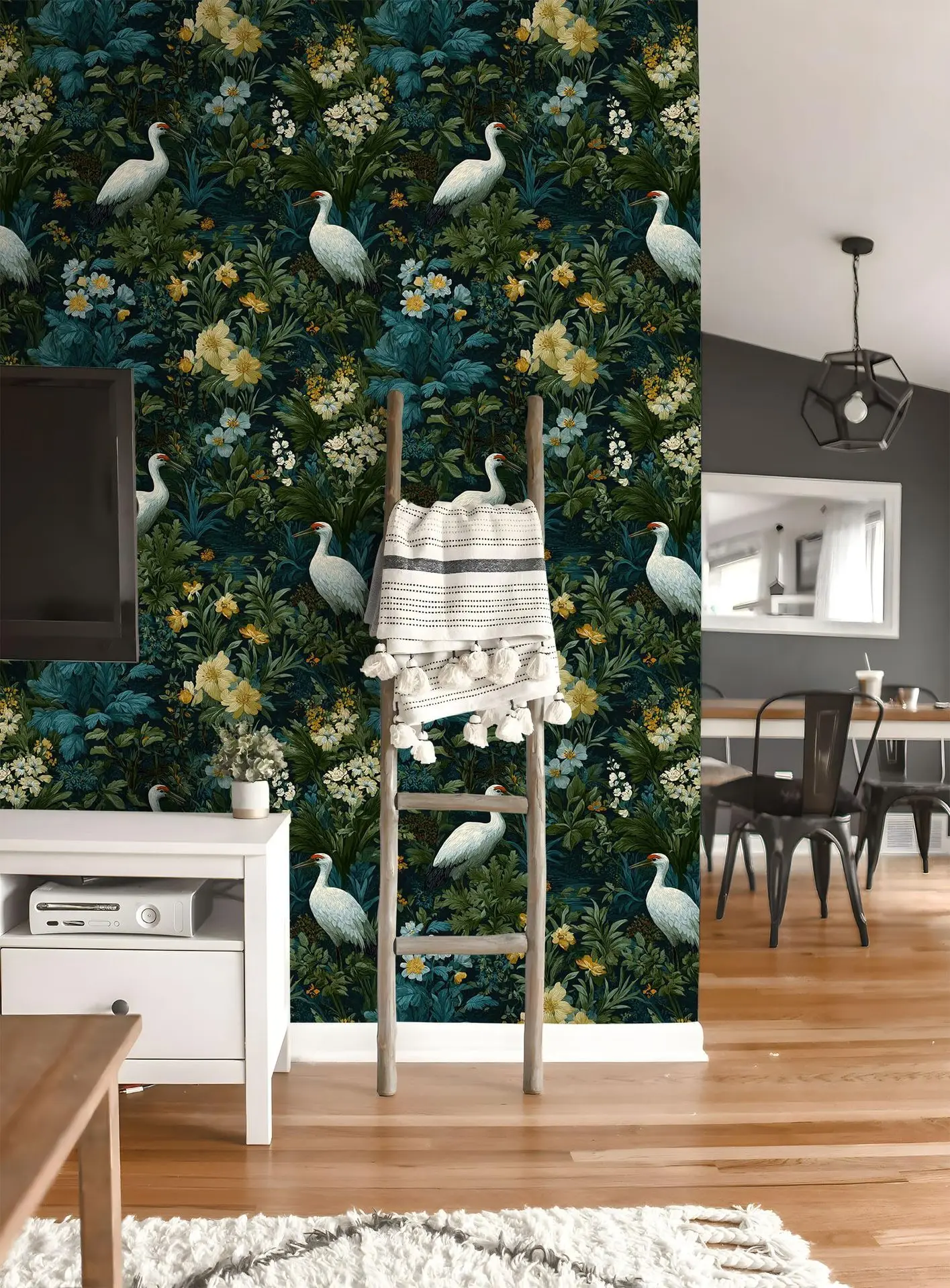 Peel and Stick Wallpaper Vintage Crane Tropical Dark Jungle Floral Contact Paper Removable Wall Mural for Bedroom Living Room
