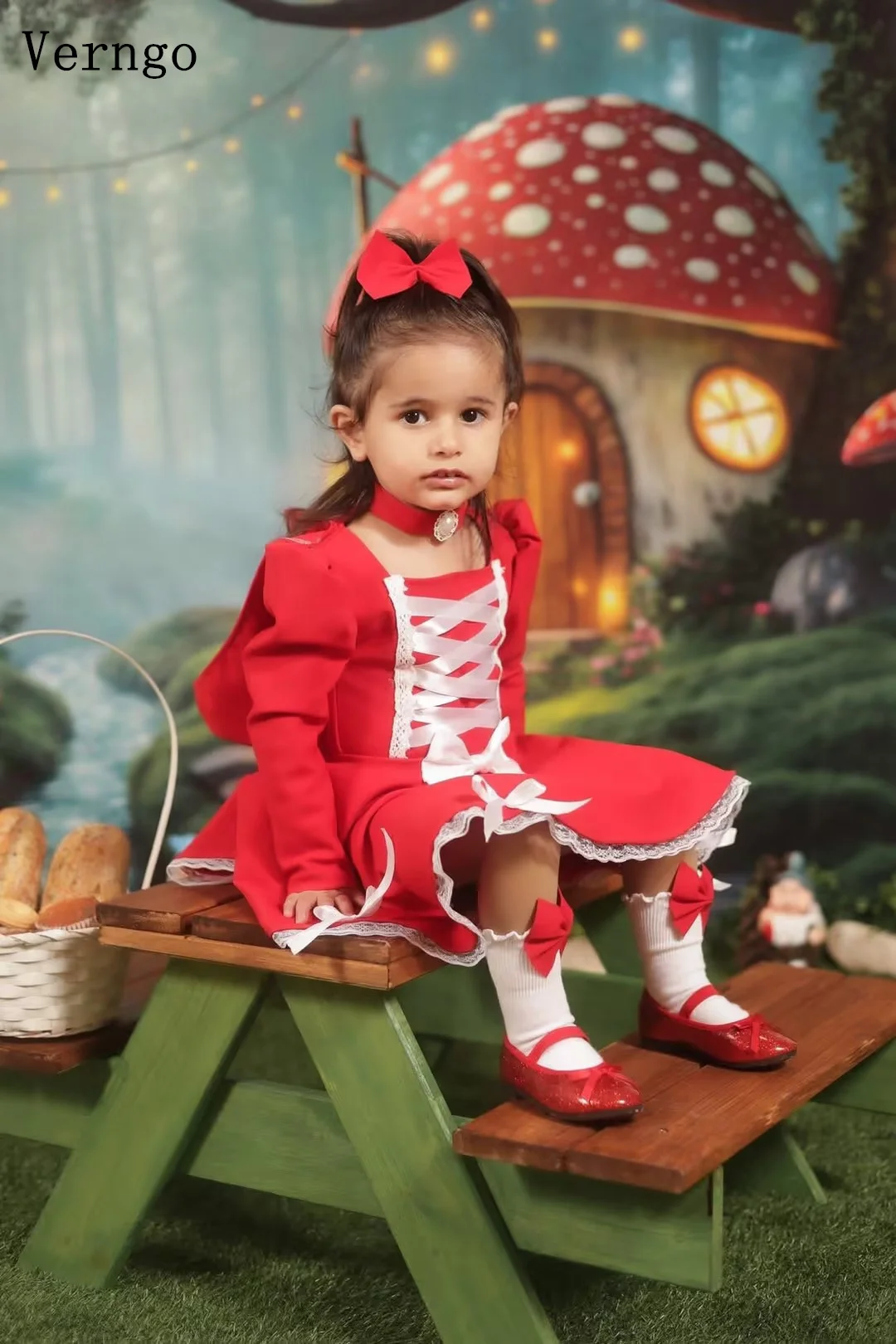 Verngo Red Crepe Mini Girl Flowers Dress High Neck Full Sleeves A Line Birthday Party Dress Pleated Prom Kid Gown Customized
