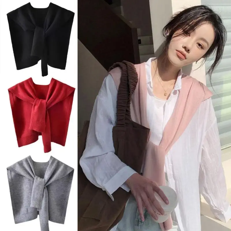 

Casual Solid Color Shawl Women Versatile Knitted Fake Collar Scarf Soft Neck Protection Knit Thin Knotted Cape Shoulder Scarf