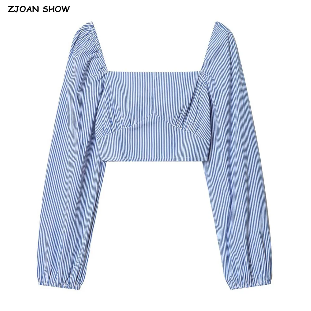 Spring Summer Blue white Strips Print Square Collar Long Puff Sleeve Cropped Shirt Women Elastic Back Short Blouse Slim Tops