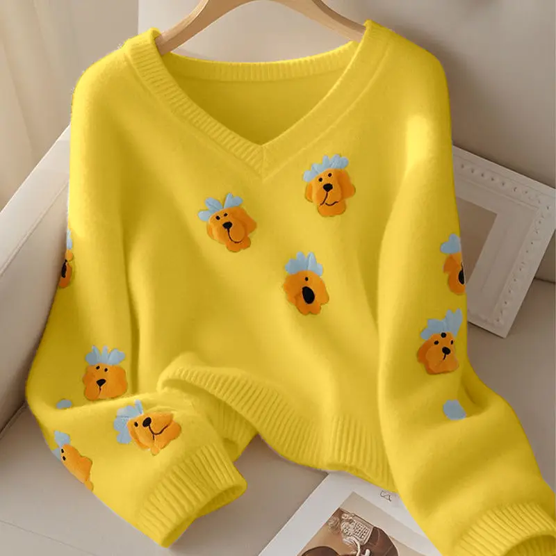 2024 Korean Style Outfit Wide Soft Sticky Lazy Milk Like White V-neck Long Sleeved Knitted Cartoon Dog