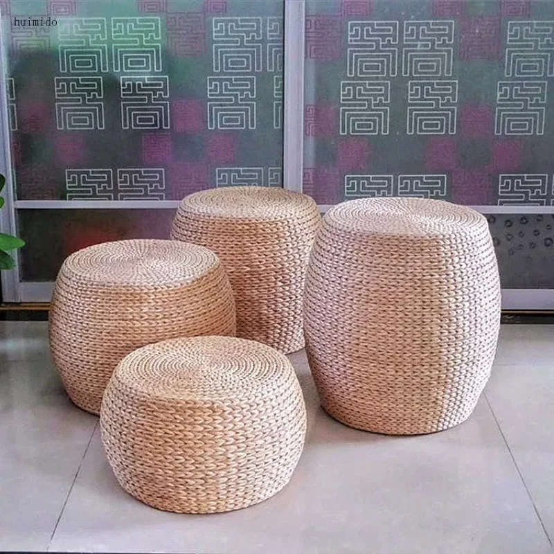 Living Room Low Stool Japanese Rattan Shoe Stool Tatami Floor Ottoman For Entryway Round Solid Wood Small Stool Pier Furniture