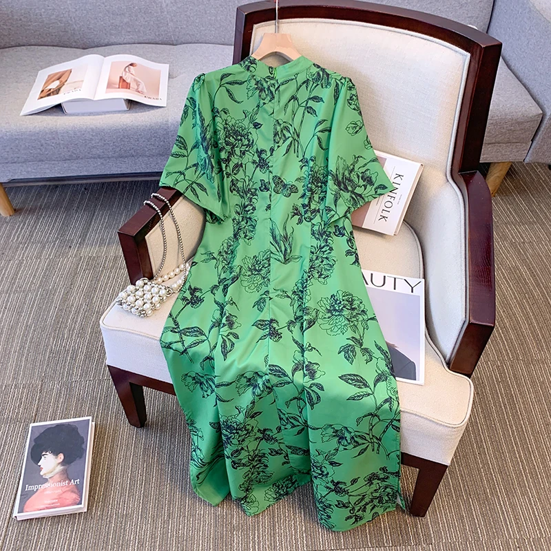 Plus size women\'s summer casual dress Chinese-style cheongsam slit hem green printed polyester fabric to ankle long dress