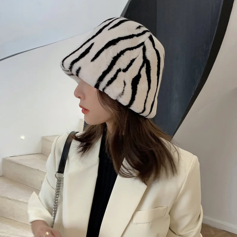 Winter Rex Rabbit Fur Hat Plush Bucket Hats For Women Real Fur Fisherman Hat Outdoor Windproof Thicken Keep Warm Caps Ladies