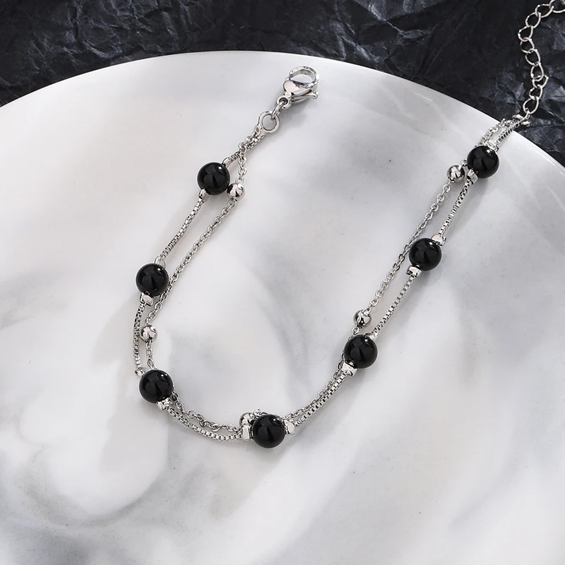 KOFSAC Vintage Trendy Black Beads Bracelets For Women 925 Sterling Silver Jewelry Glamorous Two Chain Bracelet Girl Gift
