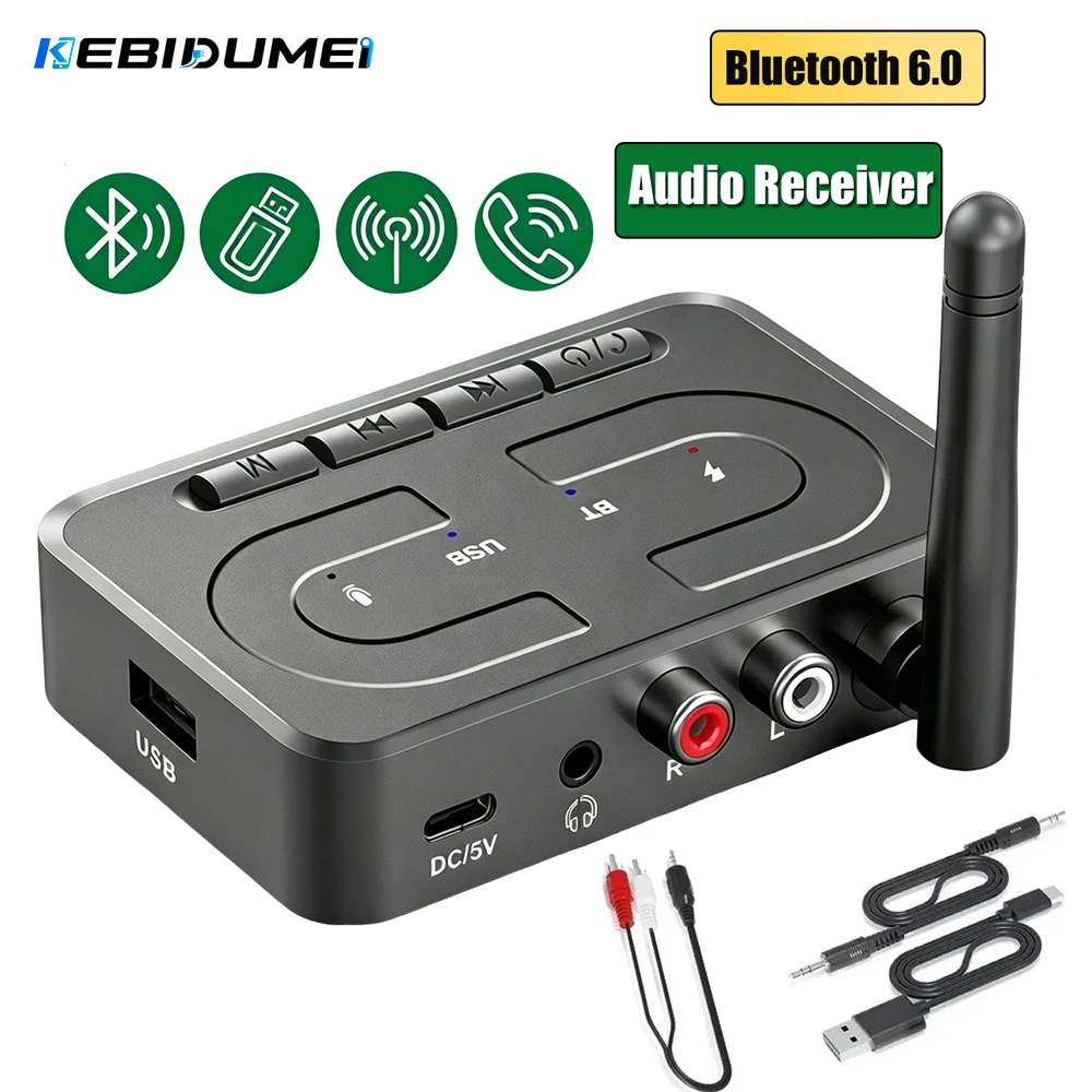 KEBIDUMEI Bluetooth 6.0 Audio-Empfänger USB U-Disk Musik Drahtloser Adapter Mit HD-Mikrofonantenne 3,5mm AUX RCA HIFI Stereo