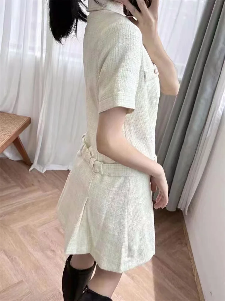 

2024 Early Autumn New Fashion Tweed Mini Dress Women Elegant Turn-down Collar Short Sleeve Single Breasted Slim Robe