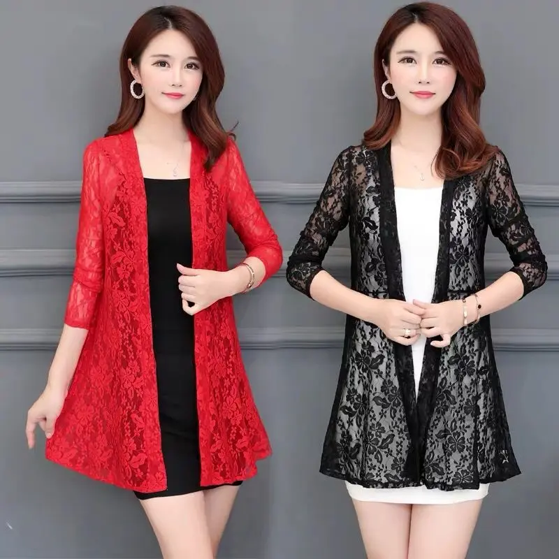 Summer Lace Cardigan Long Hollow Sunscreen Jacket Women Casual Pink Black Red White Long-sleeve Thin Coat Woman Jacket