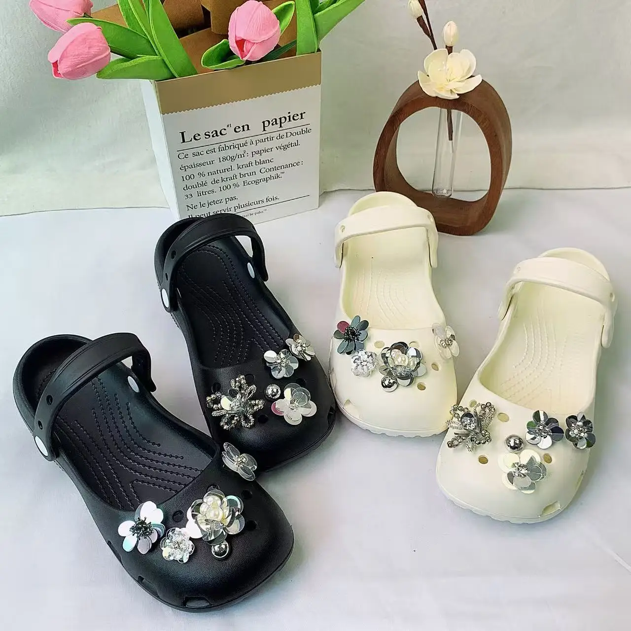 Korean-Style New Model DIY Accessories for Crocs Shoes, Silver Diamond Flower Set, Mary Jane Shoes, Ballet Crocs Shoe Accessories