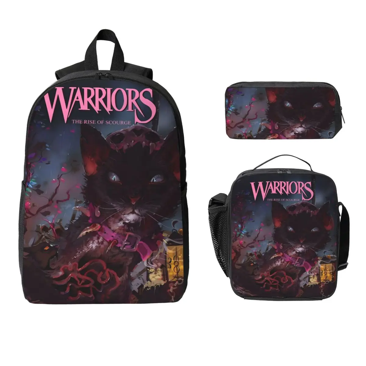 3Pcs Warrior Cats Accessories Backpack Set for Girls Boys Pen Bags Bookbag Sets with Lunch Box For School Students Knapsack