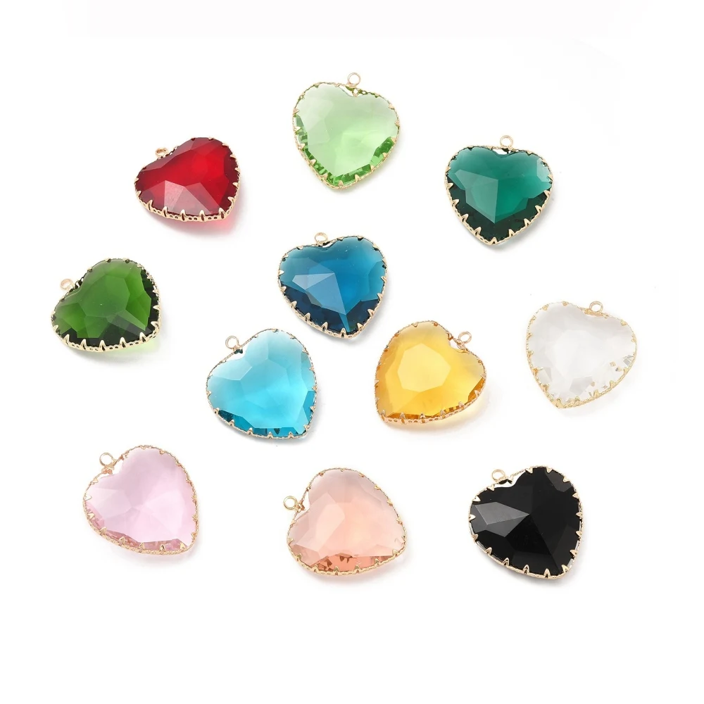 

20Pcs K9 Glass Pendants, Heart Charms, with Light Gold Tone Brass Findings, Faceted, Mixed Color, 31x28x9mm, Hole: 2mm