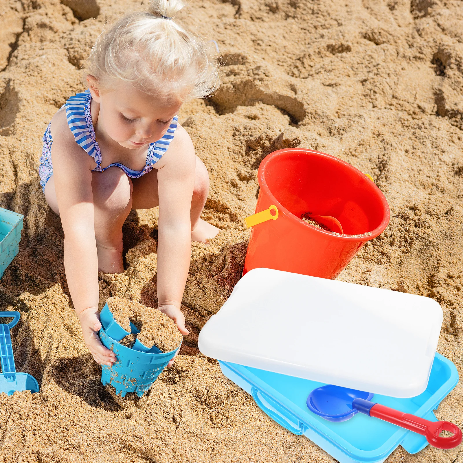 صندوق رمل كبير محمول مع غطاء صينية رمل للأطفال، حل تخزين سهل الحمل لصينية رمل وقت الفناء الخلفي على الشاطئ