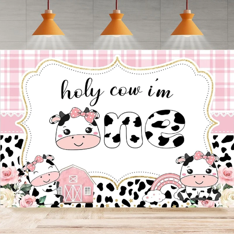 Holy Cow I'm One 1st Birthday Photography Backdrop Baby Girls Pink Plaid Farm Floral Background Party Backdrop Wall Banner Decor