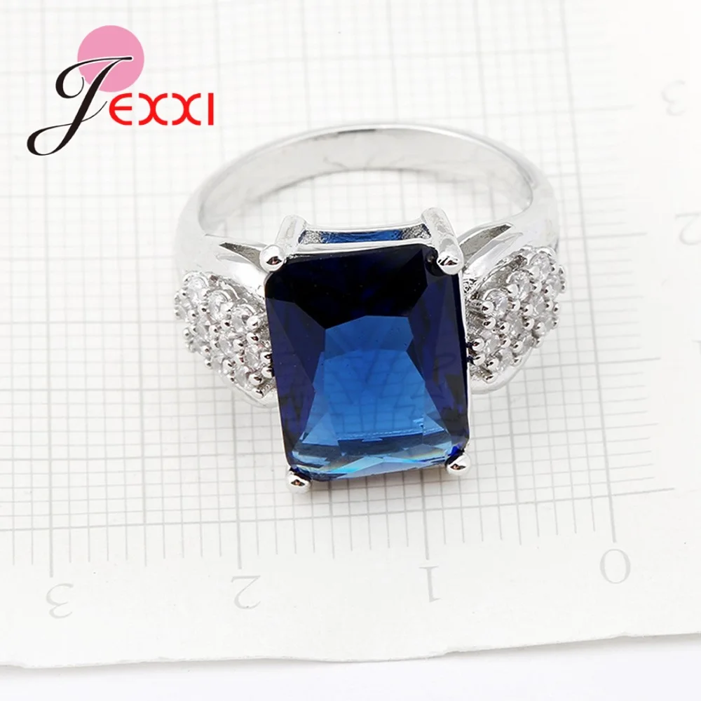 Big Dark Blue Cubic Zircons Setting Around Small Rhinestones Luxury 925 Sterling Silver Rings For Women Engagement Femme