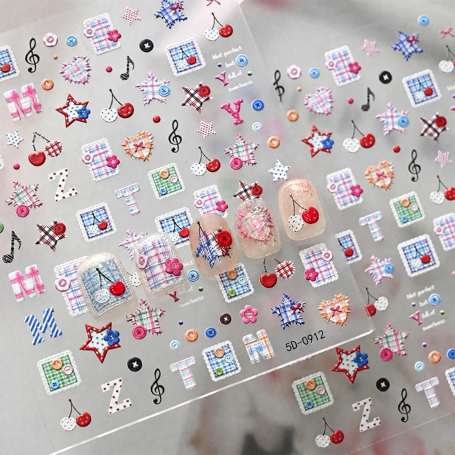 1Pcs 5D Embossed Plaid Fabric Star Heart Nail Stickers Letter Cherry Button Music Note Nails Decals Y2K Checkered Manicure Decor