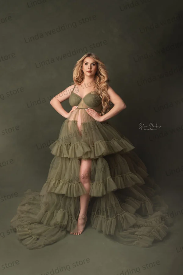 Ilusão verde vestido de maternidade para foto querida em camadas plissados vestido de baile para gravidez fenda personalizado vestidos de chá de bebê
