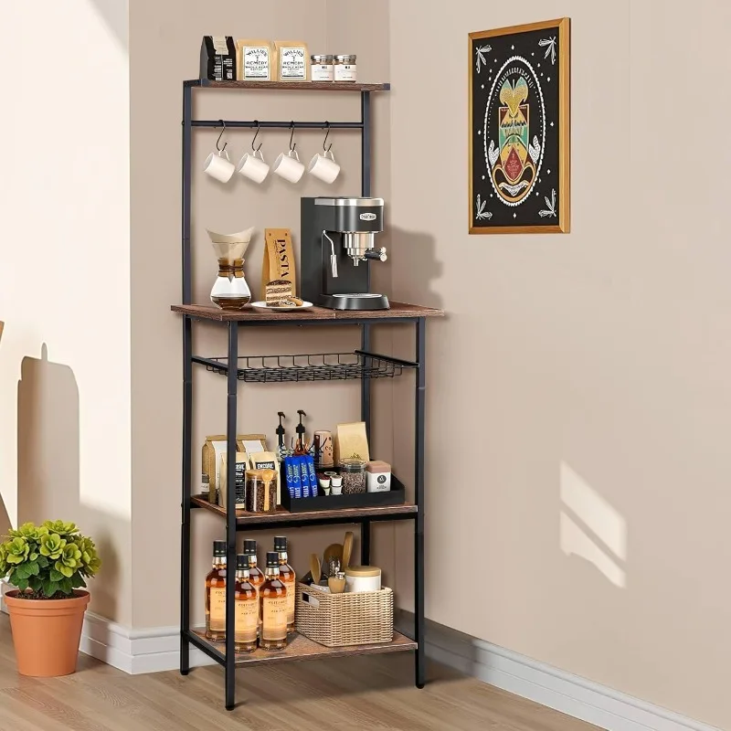 Small coffee bar station, corner coffee cart with pull-out wire basket, suitable for kitchen, living room