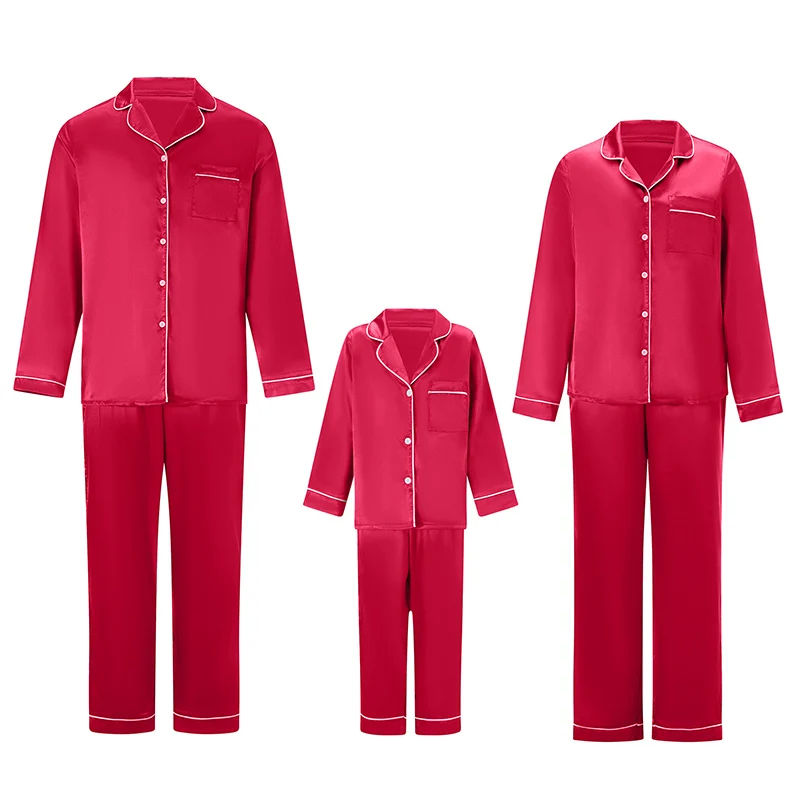 Family Matching Pajamas Solid Color Long Sleeve Lapel Tops and Long Pants Set Satin Sleepwear