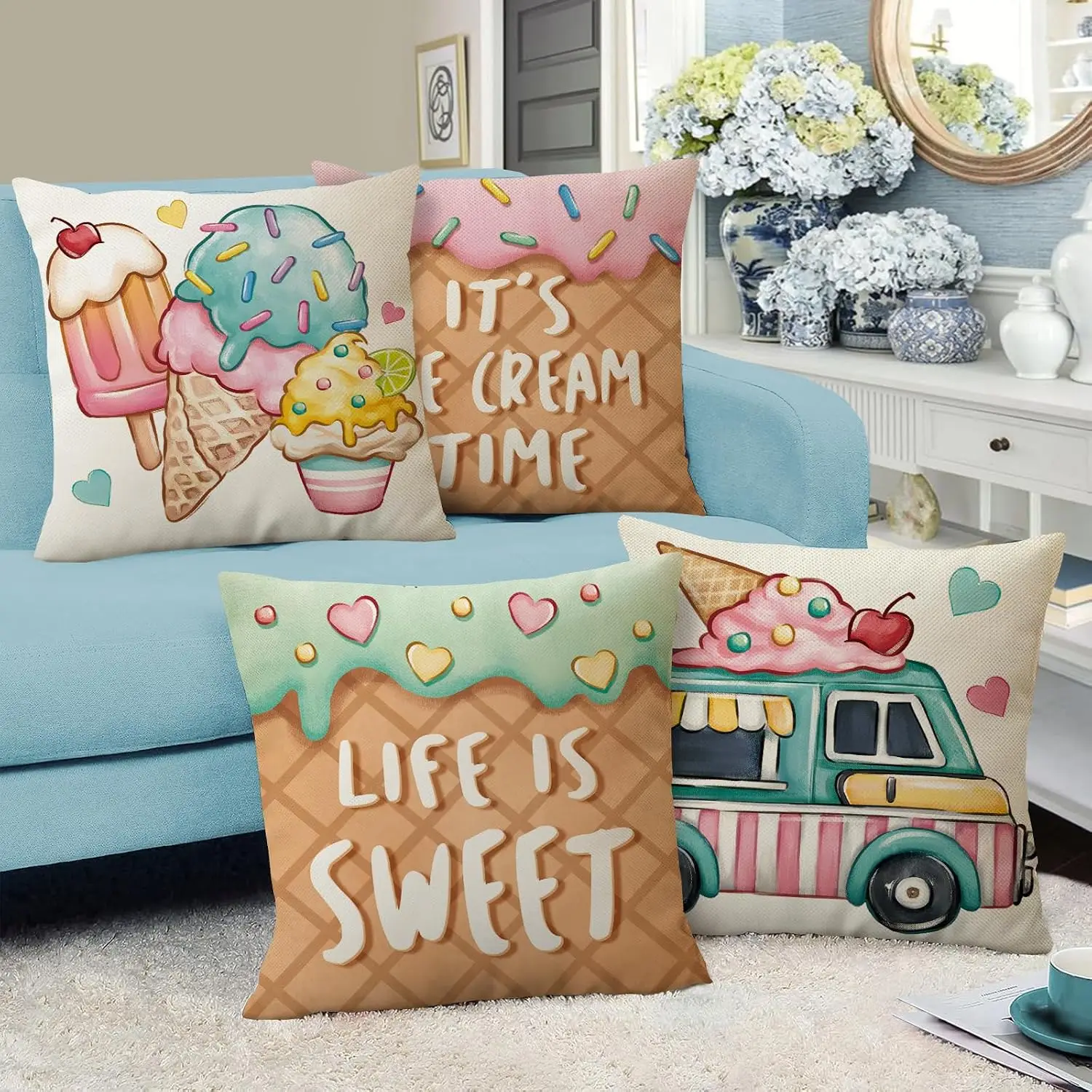 4PCS Cute Ice Cream Pillow Case, Sweet Truck Cushion Cover, Cartoon Food Print, Kids Room Decor, Sofa Throw Pillow Slipcover
