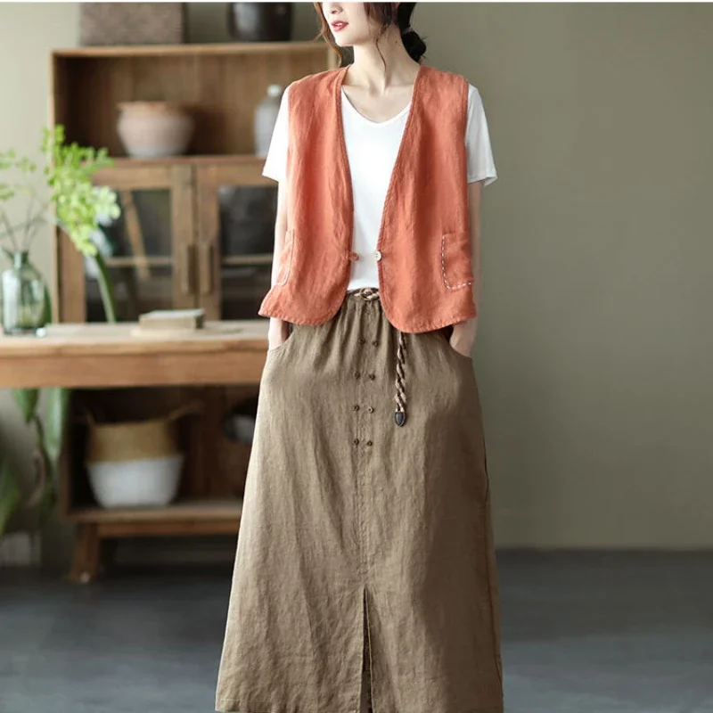 Women Spring Autumn Vest Pure Cotton Sleeveless Jacket Linen Cardigan Fashion Korean Retro Short Designer Grace Jacket Plus Size